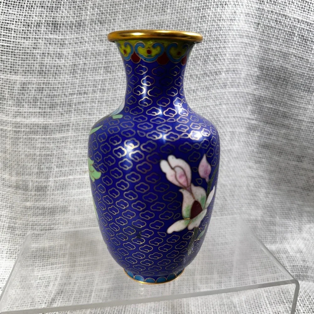Vintage Cloisonne Enamel Floral Vase Cobalt Blue Peony 5 Inch Chinese Decorative